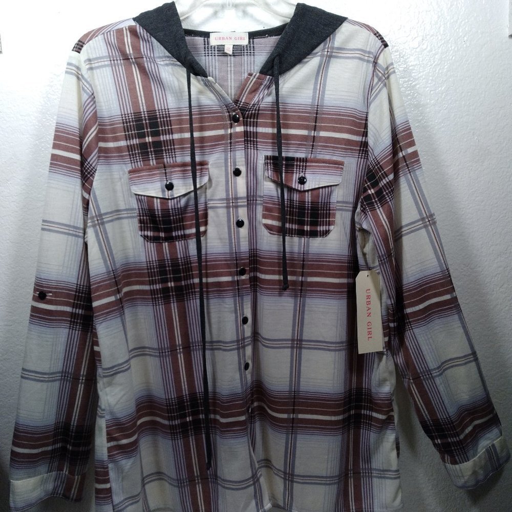 Urban Girl Plaid Button Down Hoodie 1X NWT